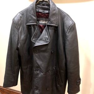 Excelled Men’s black leather pea coat